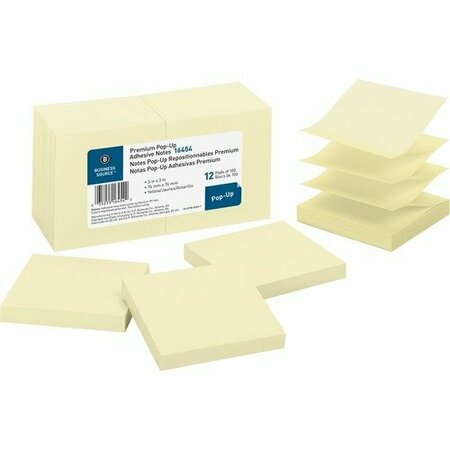 BUSINESS SOURCE Pop-up Adhesive Note Pads, 3inx3in, 100 Sh, 1 Yellow, 12PK BSN16454